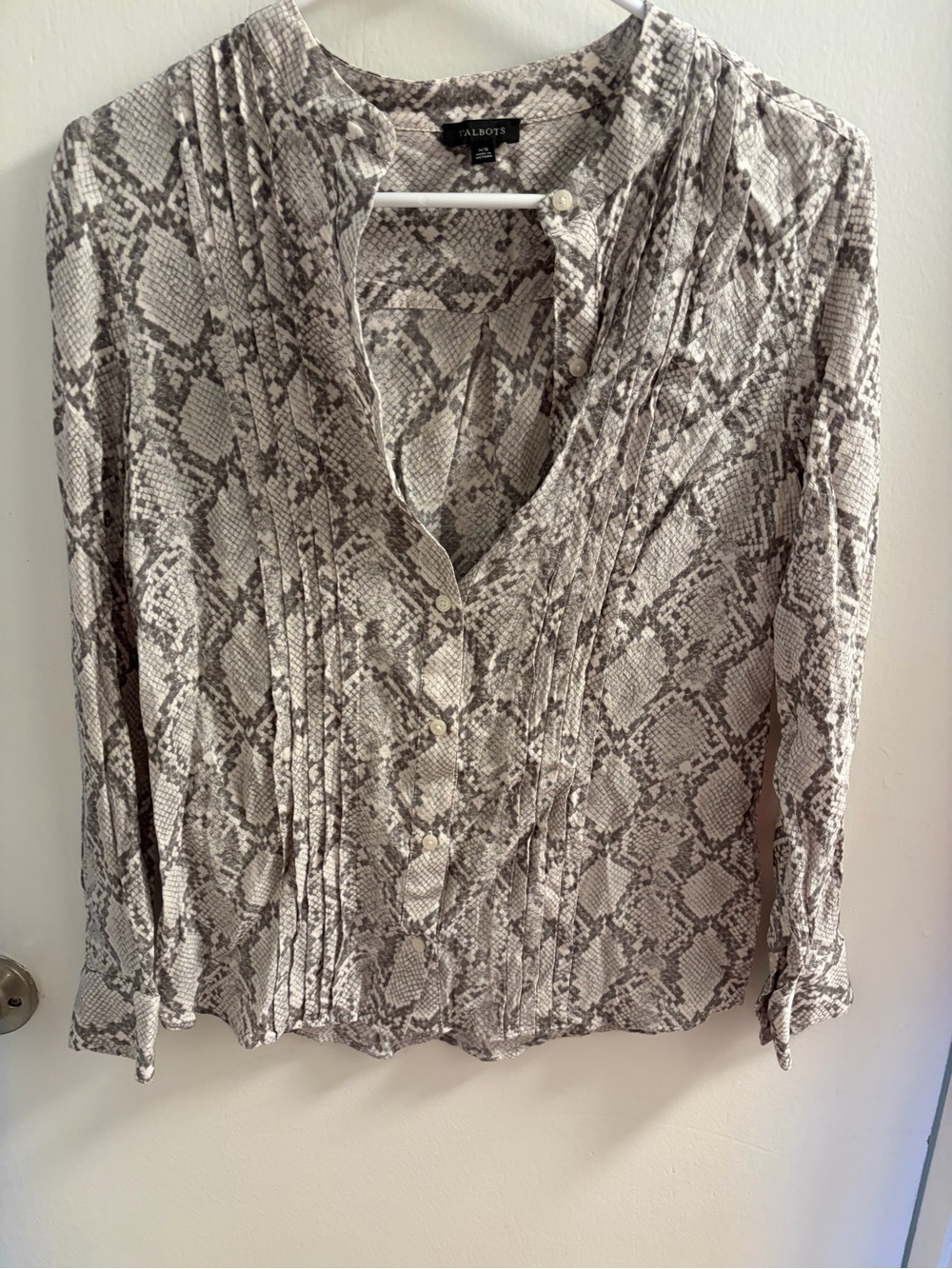 Talbots Snakeskin Python Print Pleated Front Blouse Gray XS